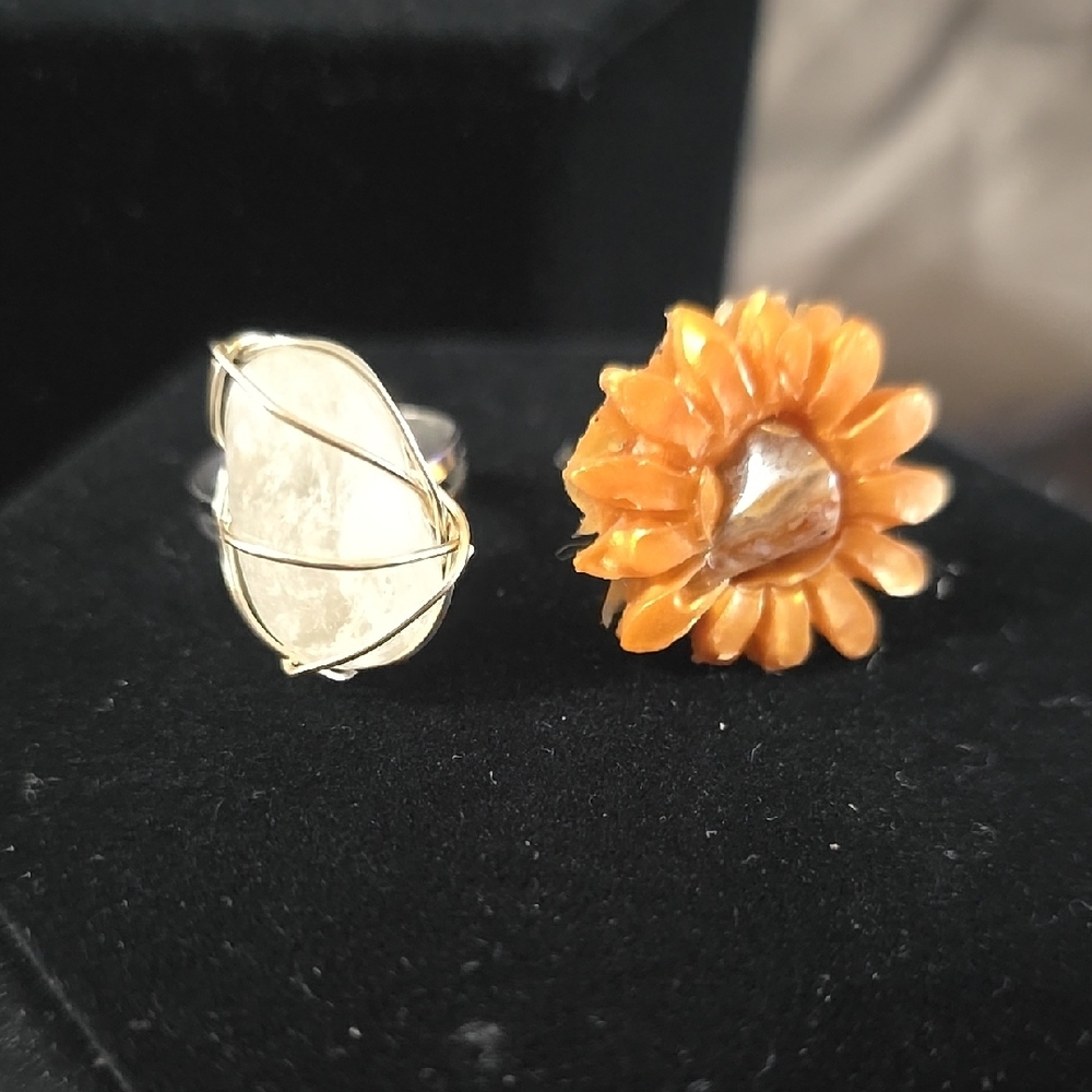 Gold and Orange Floral Rings with Sculptural Design